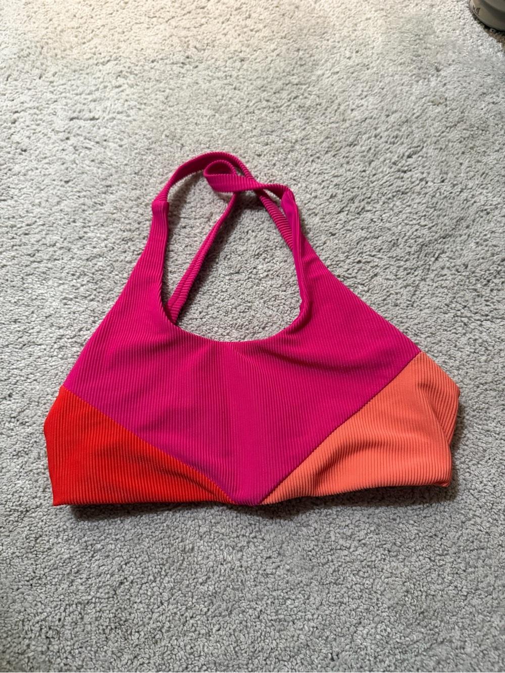 Colorblock Ribbed Halter Tank Top - Pink, Red & Orange